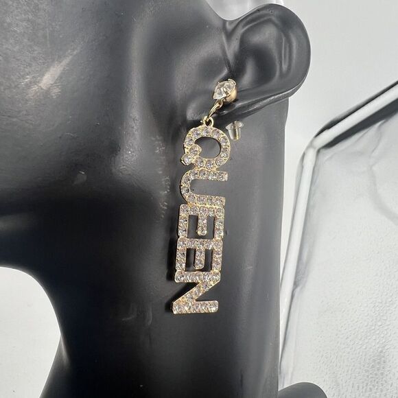 Queen Earrings Dangle Rhinestone Pierced Long But Not Heavy! Sparkle Gold Tone - Picture 4 of 8